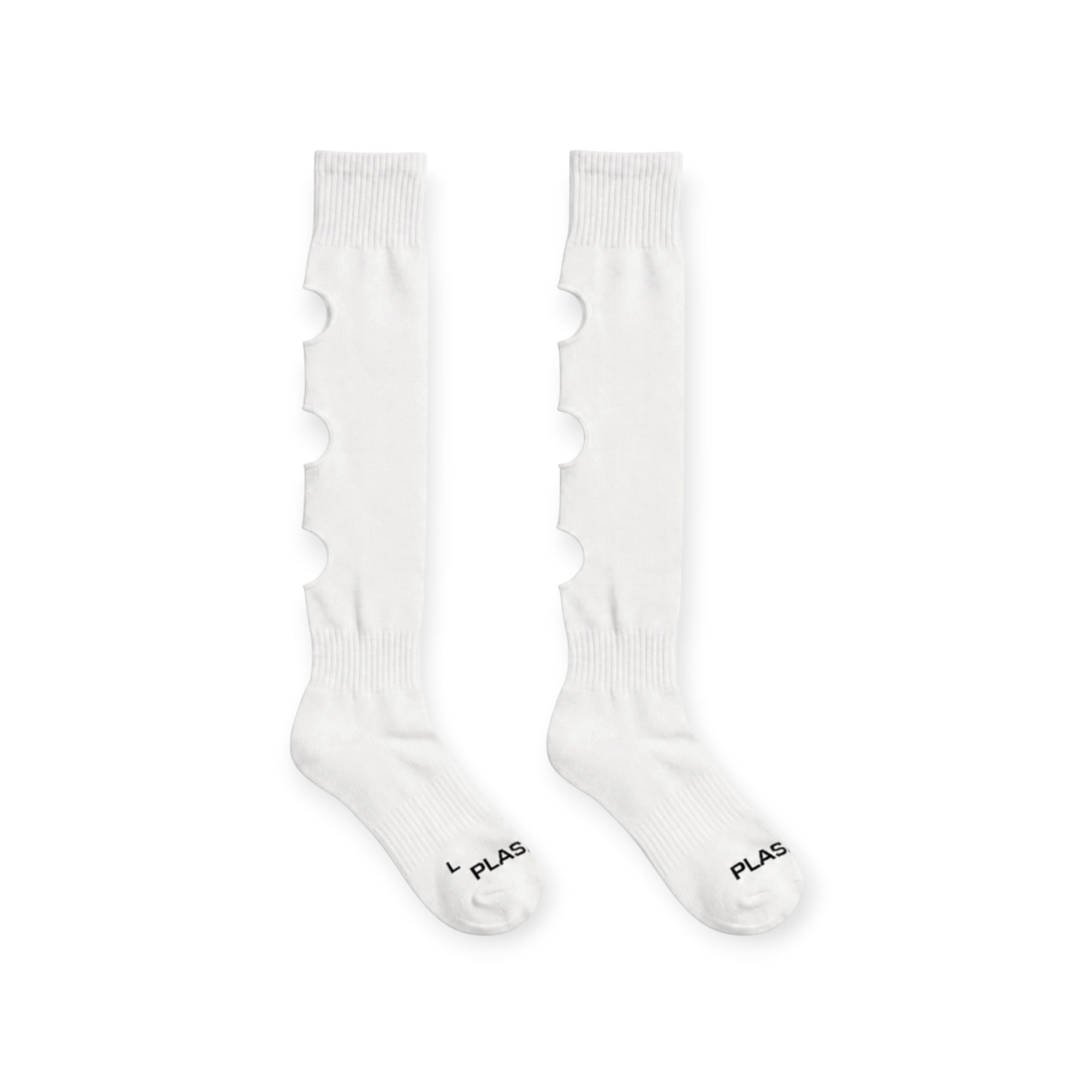 Chaussettes de football blanc PLAS vue profil — perforations latérales mollet Play Like A Star